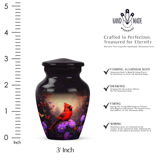 Onyx Black Cardinal Cremation Urn close-up of engraving and surface detail - traditional cardinal engraving with hand-polished finish - mini keepsake memorial for portion of cremation ashes