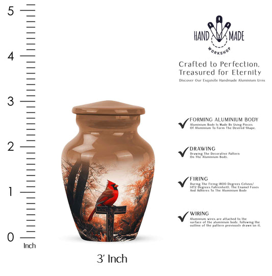 Royal Gold Cardinal Cremation Urn close-up of engraving and surface detail - traditional cardinal engraving with hand-polished finish - mini keepsake memorial for portion of cremation ashes