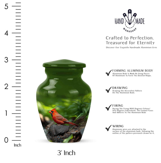 Olive Green Cardinal Cremation Urn close-up of engraving and surface detail - traditional cardinal engraving with hand-polished finish - mini keepsake memorial for portion of cremation ashes