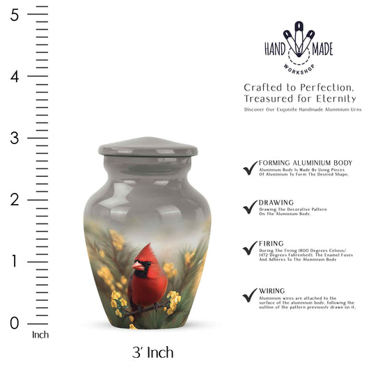 Ash Gray Cardinal Cremation Urn close-up of engraving and surface detail - elegant classic cardinal relief with fine detailing - mini keepsake memorial for portion of cremation ashes