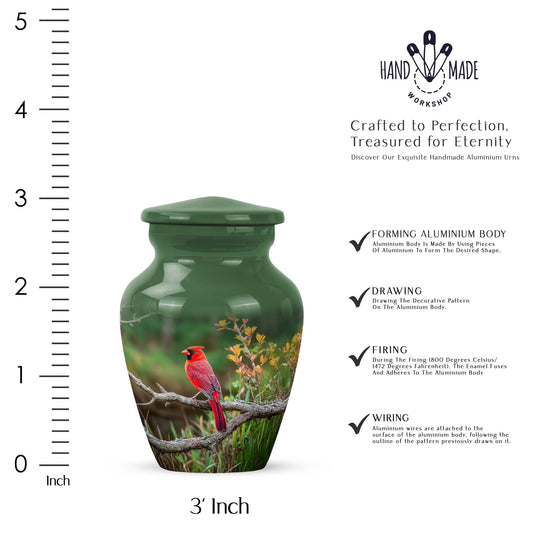 Emerald Green Cardinal Cremation Urn close-up of engraving and surface detail - classic sculpted cardinal pattern on smooth aluminum - mini keepsake memorial for portion of cremation ashes
