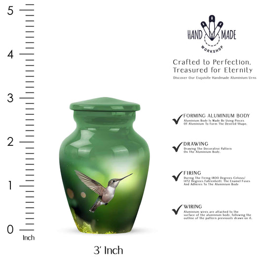 Hunter Green Hummingbird Cremation Urn close-up of engraving and surface detail - traditional hummingbird engraving with hand-polished finish - mini keepsake memorial for portion of cremation ashes