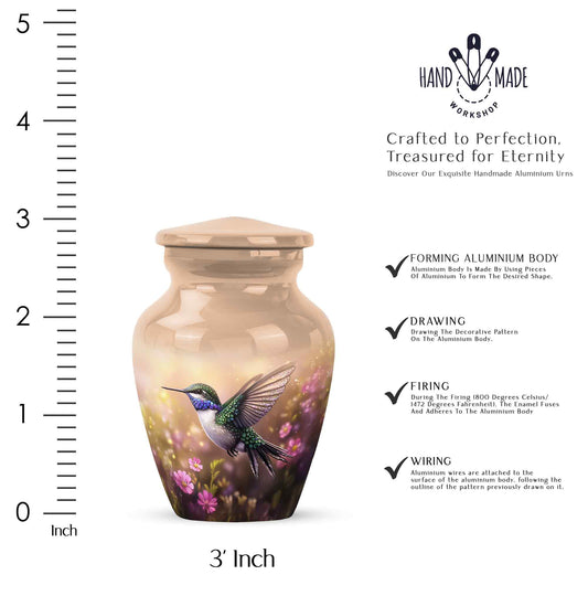 Burnished Gold Hummingbird Cremation Urn close-up of engraving and surface detail - elegant classic hummingbird relief with fine detailing - mini keepsake memorial for portion of cremation ashes