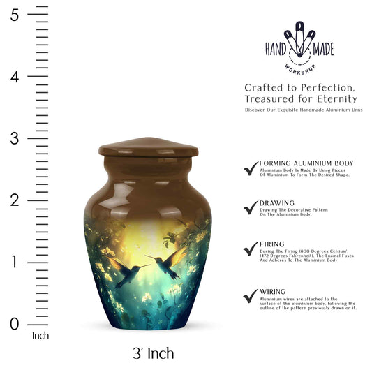 Warm Gold Hummingbird Cremation Urn close-up of engraving and surface detail - elegant classic hummingbird relief with fine detailing - mini keepsake memorial for portion of cremation ashes