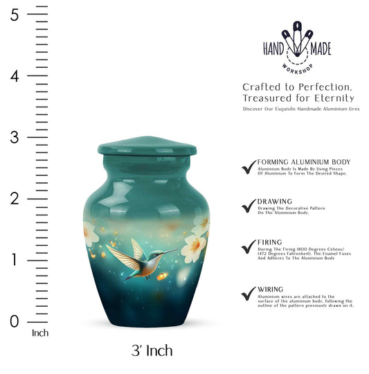 Sea Green Teal Hummingbird Cremation Urn close-up of engraving and surface detail - classic sculpted hummingbird pattern on smooth aluminum - mini keepsake memorial for portion of cremation ashes