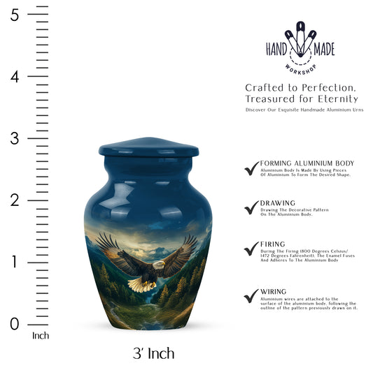 Sky Blue Eagle Cremation Urn close-up of engraving and surface detail - timeless eagle motif etched into premium metal - mini keepsake memorial for portion of cremation ashes