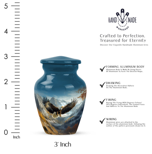 Dusty Blue Eagle Cremation Urn close-up of engraving and surface detail - classic sculpted eagle pattern on smooth aluminum - mini keepsake memorial for portion of cremation ashes