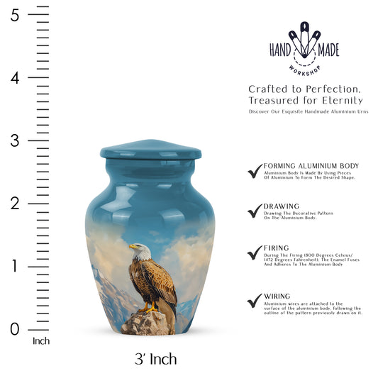 Azure Eagle Cremation Urn close-up of engraving and surface detail - classic sculpted eagle pattern on smooth aluminum - mini keepsake memorial for portion of cremation ashes
