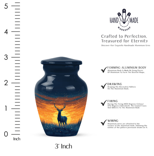 Steel Blue Deer Cremation Urn close-up of engraving and surface detail - elegant classic deer relief with fine detailing - mini keepsake memorial for portion of cremation ashes
