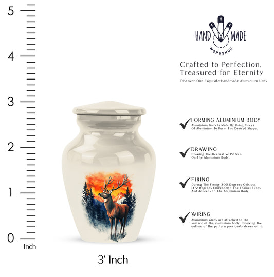 Antique Silver Deer Cremation Urn close-up of engraving and surface detail - traditional deer engraving with hand-polished finish - mini keepsake memorial for portion of cremation ashes