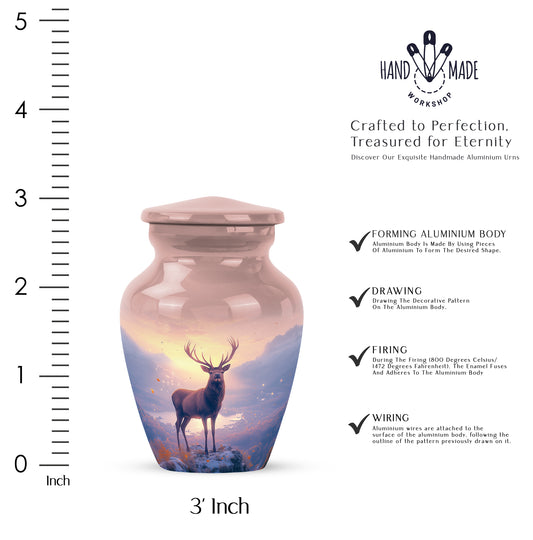 Garnet Red Deer Cremation Urn close-up of engraving and surface detail - timeless deer motif etched into premium metal - mini keepsake memorial for portion of cremation ashes