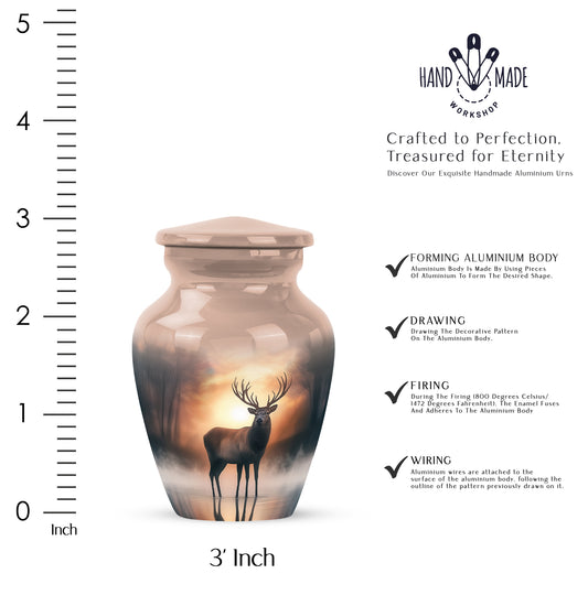 Burnished Gold Deer Cremation Urn close-up of engraving and surface detail - elegant classic deer relief with fine detailing - mini keepsake memorial for portion of cremation ashes