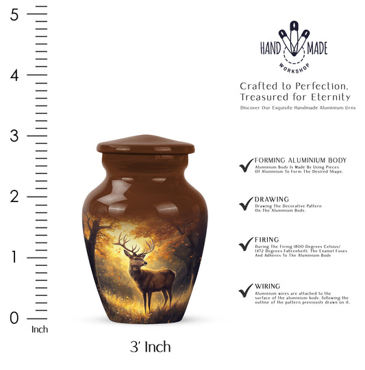Burnished Gold Deer Cremation Urn close-up of engraving and surface detail - elegant classic deer relief with fine detailing - mini keepsake memorial for portion of cremation ashes