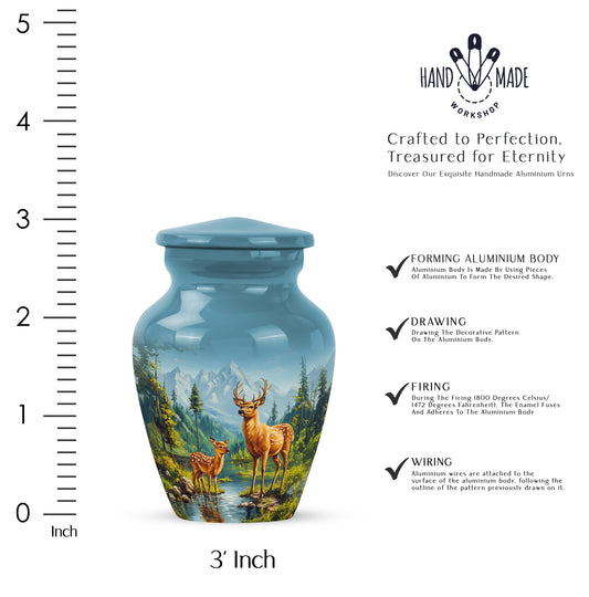 Soft Blue Deer Cremation Urn close-up of engraving and surface detail - traditional deer engraving with hand-polished finish - mini keepsake memorial for portion of cremation ashes
