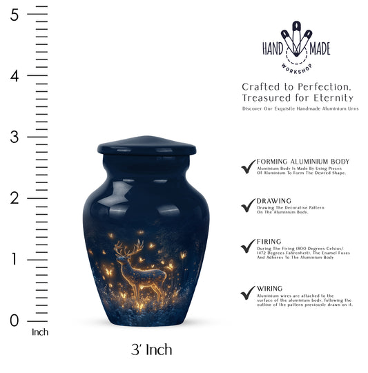 Indigo Deer Cremation Urn close-up of engraving and surface detail - classic sculpted deer pattern on smooth aluminum - mini keepsake memorial for portion of cremation ashes