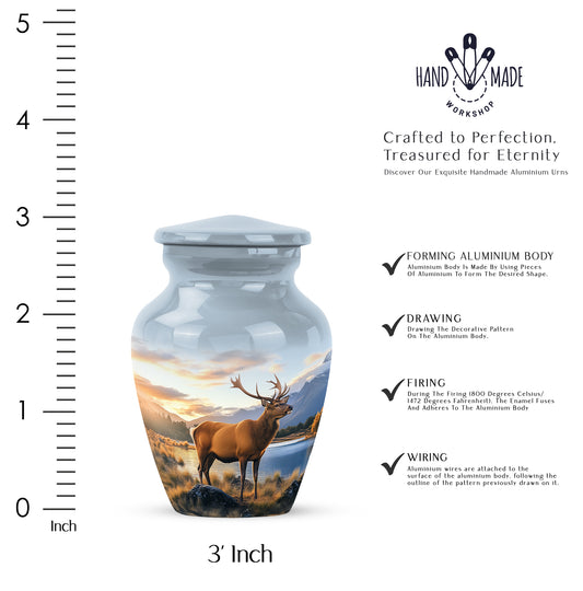 Navy Blue Deer Cremation Urn close-up of engraving and surface detail - timeless deer motif etched into premium metal - mini keepsake memorial for portion of cremation ashes