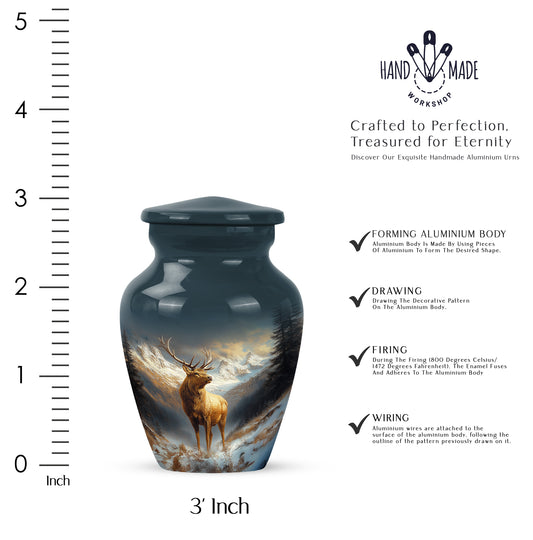 Pastel Blue Deer Cremation Urn close-up of engraving and surface detail - classic sculpted deer pattern on smooth aluminum - mini keepsake memorial for portion of cremation ashes