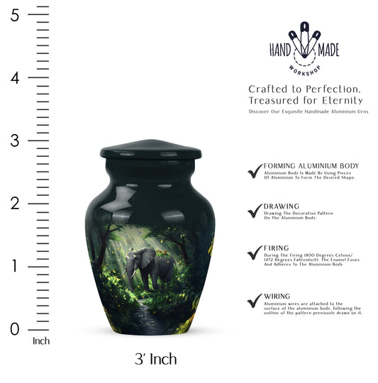 Cool Teal Elephant Cremation Urn close-up of engraving and surface detail - timeless elephant motif etched into premium metal - mini keepsake memorial for portion of cremation ashes