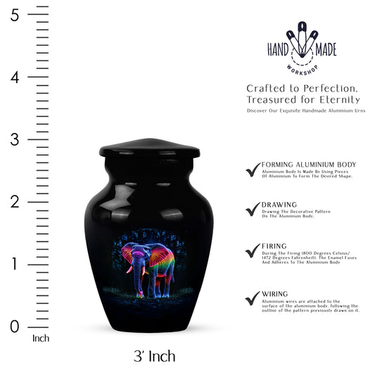 Dark Black Elephant Cremation Urn close-up of engraving and surface detail - traditional elephant engraving with hand-polished finish - mini keepsake memorial for portion of cremation ashes