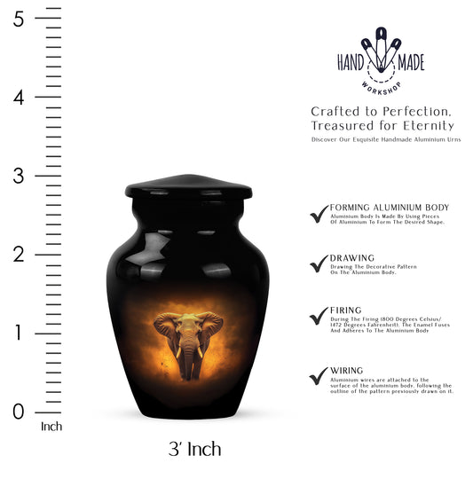 Midnight Black Elephant Cremation Urn close-up of engraving and surface detail - elegant classic elephant relief with fine detailing - mini keepsake memorial for portion of cremation ashes