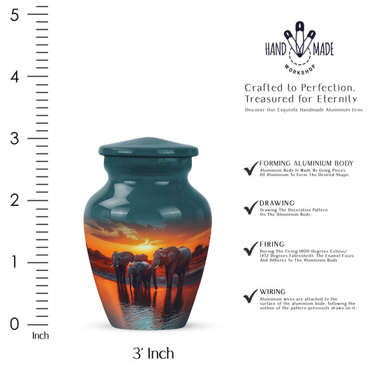 Sea Green Teal Elephant Cremation Urn close-up of engraving and surface detail - classic sculpted elephant pattern on smooth aluminum - mini keepsake memorial for portion of cremation ashes