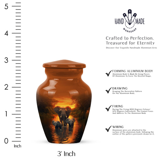 Antique Gold Elephant Cremation Urn close-up of engraving and surface detail - timeless elephant motif etched into premium metal - mini keepsake memorial for portion of cremation ashes