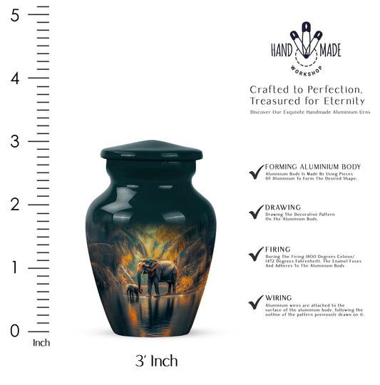 Jewel Teal Elephant Cremation Urn close-up of engraving and surface detail - classic sculpted elephant pattern on smooth aluminum - mini keepsake memorial for portion of cremation ashes
