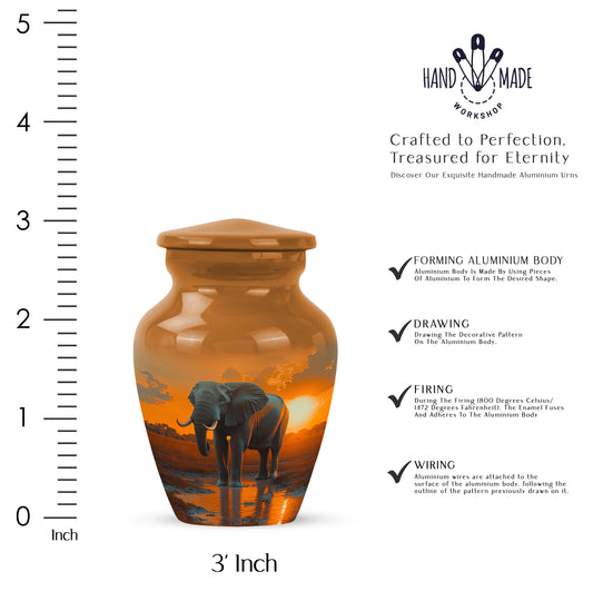 Burnished Gold Elephant Cremation Urn close-up of engraving and surface detail - traditional elephant engraving with hand-polished finish - mini keepsake memorial for portion of cremation ashes