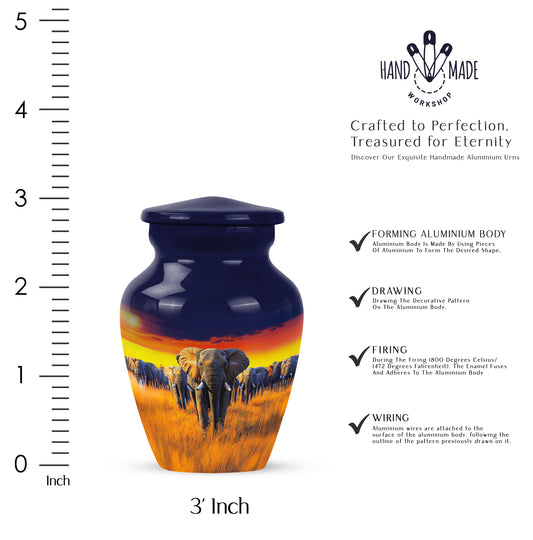 Calming Blue Elephant Cremation Urn close-up of engraving and surface detail - traditional elephant engraving with hand-polished finish - mini keepsake memorial for portion of cremation ashes