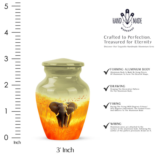 Burnished Gold Elephant Cremation Urn close-up of engraving and surface detail - traditional elephant engraving with hand-polished finish - mini keepsake memorial for portion of cremation ashes