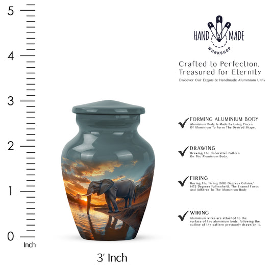 Cool Teal Elephant Cremation Urn close-up of engraving and surface detail - timeless elephant motif etched into premium metal - mini keepsake memorial for portion of cremation ashes