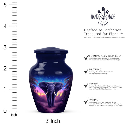 Twilight Blue Elephant Cremation Urn close-up of engraving and surface detail - elegant classic elephant relief with fine detailing - mini keepsake memorial for portion of cremation ashes