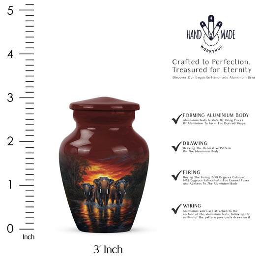 Ruby Red Elephant Cremation Urn close-up of engraving and surface detail - elegant classic elephant relief with fine detailing - mini keepsake memorial for portion of cremation ashes