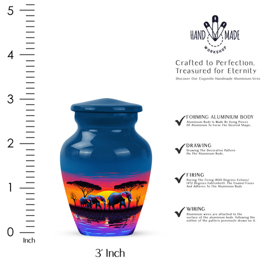 Navy Blue Elephant Cremation Urn close-up of engraving and surface detail - classic sculpted elephant pattern on smooth aluminum - mini keepsake memorial for portion of cremation ashes