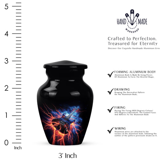 Charcoal Black Guitar Cremation Urn close-up of engraving and surface detail - traditional guitar engraving with hand-polished finish - mini keepsake memorial for portion of cremation ashes