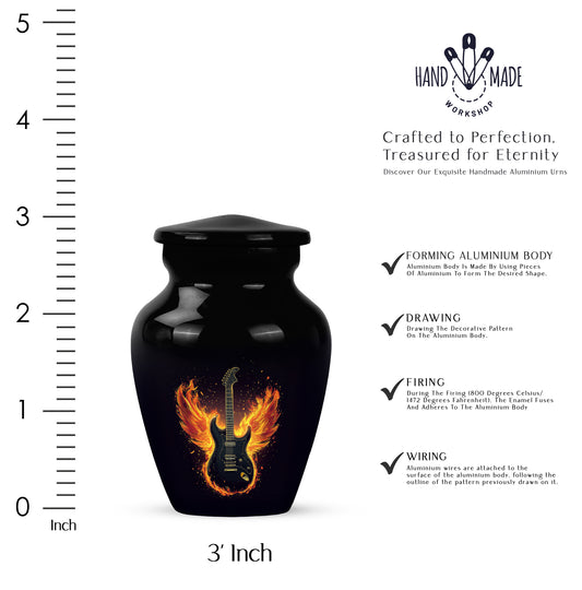 Midnight Black Guitar Cremation Urn close-up of engraving and surface detail - traditional guitar engraving with hand-polished finish - mini keepsake memorial for portion of cremation ashes