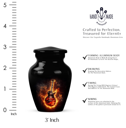 Obsidian Black Guitar Cremation Urn close-up of engraving and surface detail - elegant classic guitar relief with fine detailing - mini keepsake memorial for portion of cremation ashes