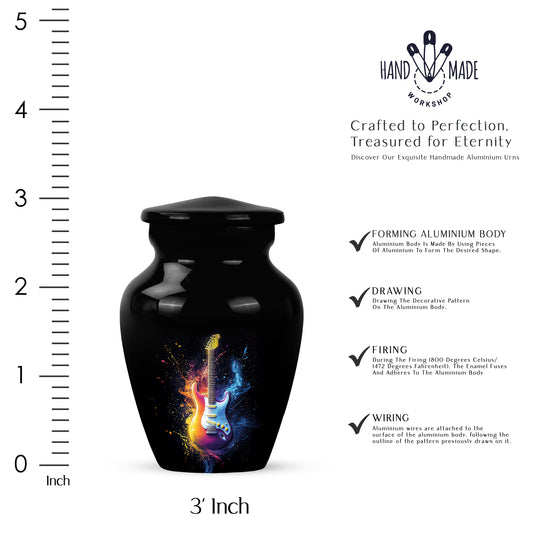 Rich Black Guitar Cremation Urn close-up of engraving and surface detail - timeless guitar motif etched into premium metal - mini keepsake memorial for portion of cremation ashes