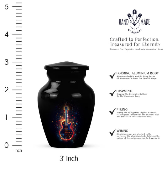 Jet Black Guitar Cremation Urn close-up of engraving and surface detail - classic sculpted guitar pattern on smooth aluminum - mini keepsake memorial for portion of cremation ashes