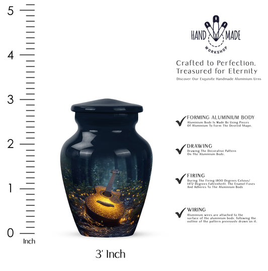 Serene Blue Guitar Cremation Urn close-up of engraving and surface detail - traditional guitar engraving with hand-polished finish - mini keepsake memorial for portion of cremation ashes