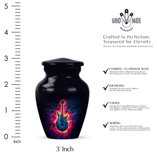 Charcoal Black Guitar Cremation Urn close-up of engraving and surface detail - traditional guitar engraving with hand-polished finish - mini keepsake memorial for portion of cremation ashes