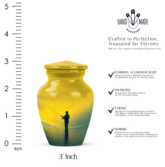 Royal Gold Fishing Cremation Urn close-up of engraving and surface detail - elegant classic fishing relief with fine detailing - mini keepsake memorial for portion of cremation ashes
