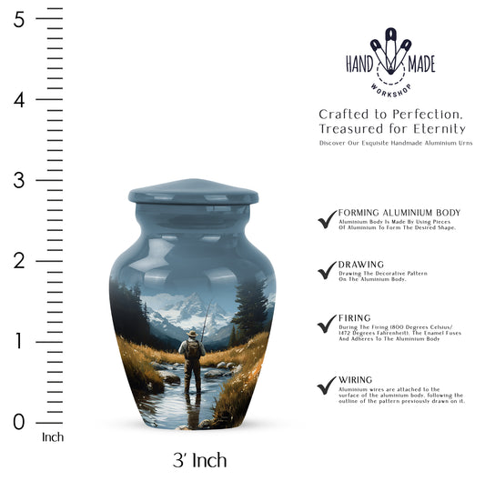 Calming Blue Fishing Cremation Urn close-up of engraving and surface detail - elegant classic fishing relief with fine detailing - mini keepsake memorial for portion of cremation ashes