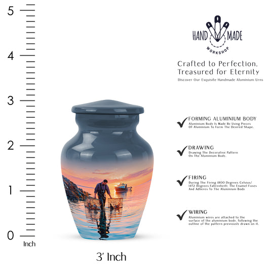 Icy Blue Fishing Cremation Urn close-up of engraving and surface detail - classic sculpted fishing pattern on smooth aluminum - mini keepsake memorial for portion of cremation ashes