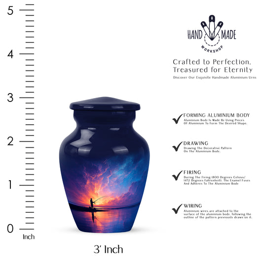 Soft Blue Fishing Cremation Urn close-up of engraving and surface detail - elegant classic fishing relief with fine detailing - mini keepsake memorial for portion of cremation ashes