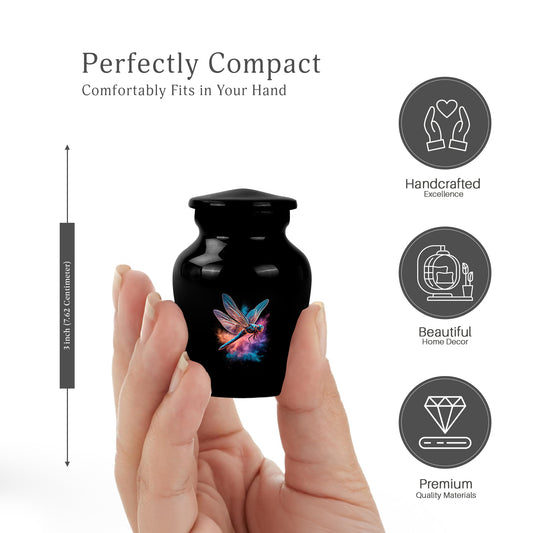 Deep Black Dragonfly Cremation Urn close-up of engraving and surface detail - timeless dragonfly motif etched into premium metal - mini keepsake memorial for portion of cremation ashes