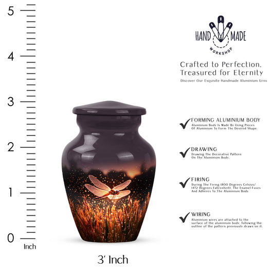 Pastel Pink Dragonfly Cremation Urn close-up of engraving and surface detail - timeless dragonfly motif etched into premium metal - mini keepsake memorial for portion of cremation ashes
