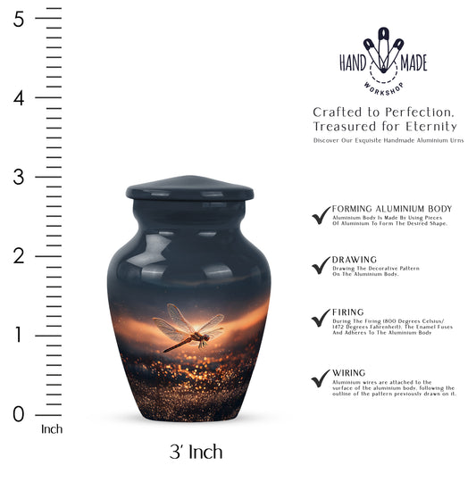 Vivid Blue Dragonfly Cremation Urn close-up of engraving and surface detail - elegant classic dragonfly relief with fine detailing - mini keepsake memorial for portion of cremation ashes