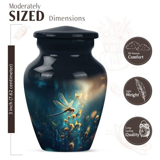 Cobalt Blue Dragonfly Cremation Urn close-up of engraving and surface detail - traditional dragonfly engraving with hand-polished finish - mini keepsake memorial for portion of cremation ashes
