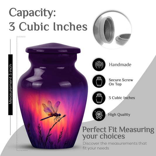 Twilight Purple Dragonfly Cremation Urn close-up of engraving and surface detail - traditional dragonfly engraving with hand-polished finish - mini keepsake memorial for portion of cremation ashes